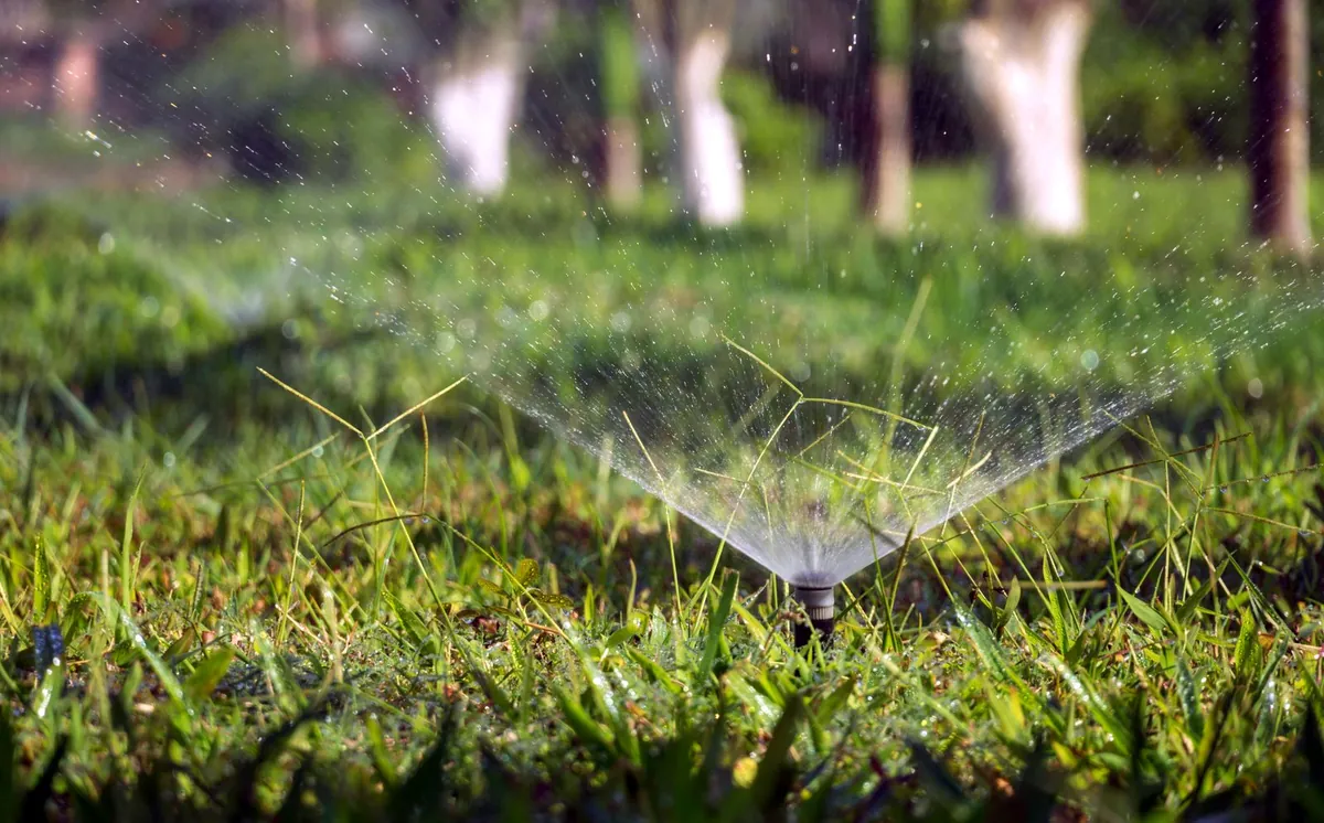 artificial grass lawn with abstract water droplet overlay suggesting a water bill