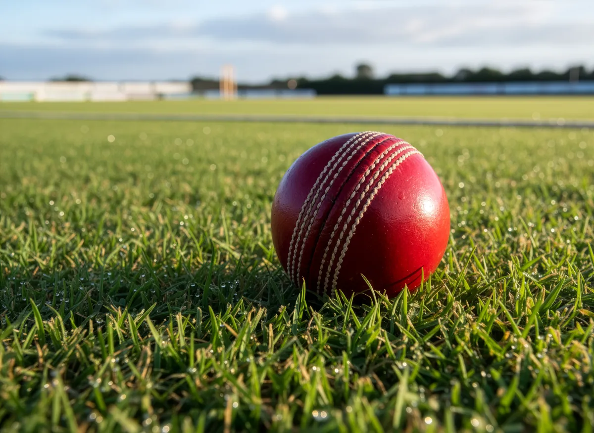 Cricket ball resting on green artificial turf surface