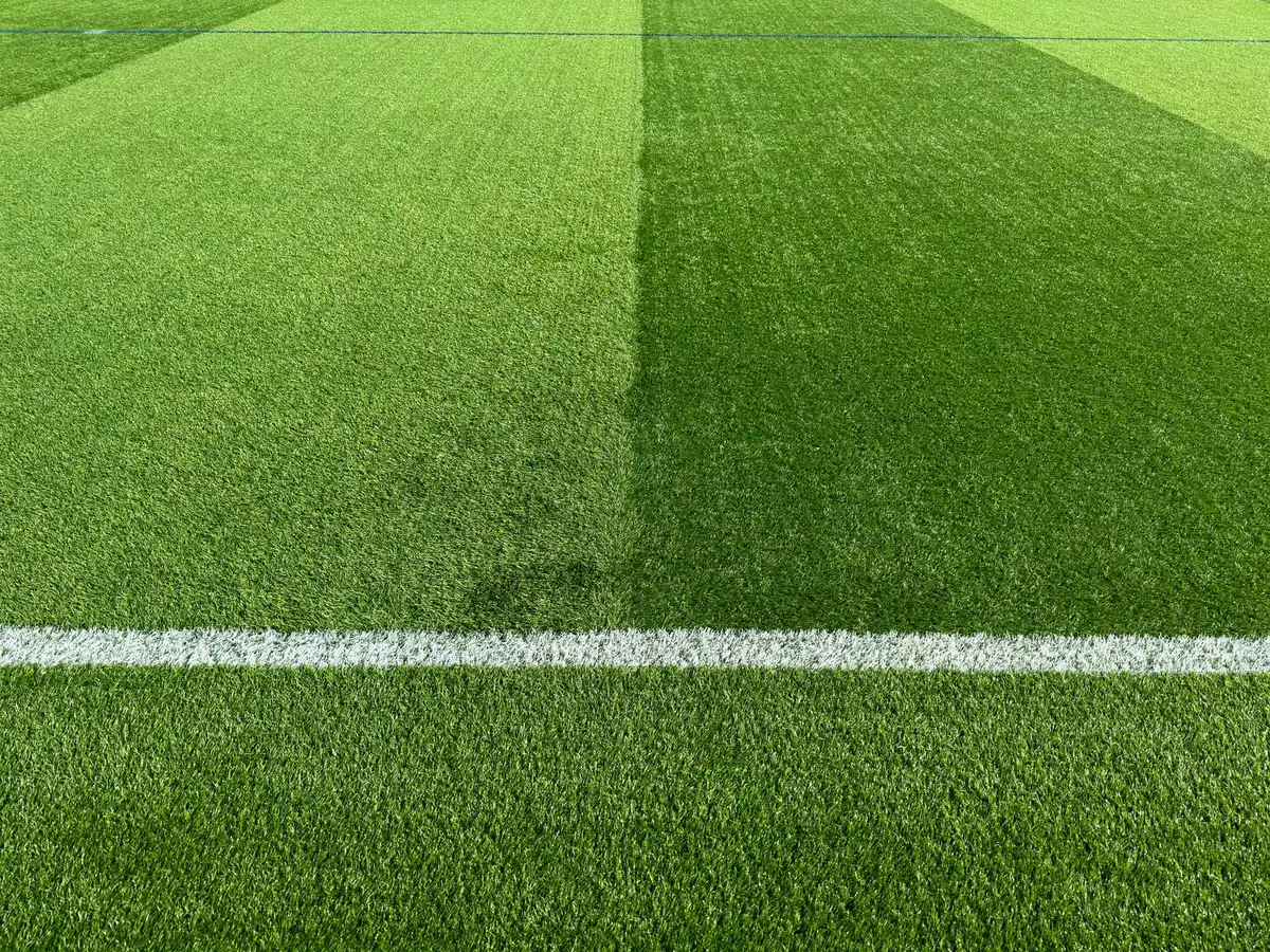 Vibrant green football field with white line marking