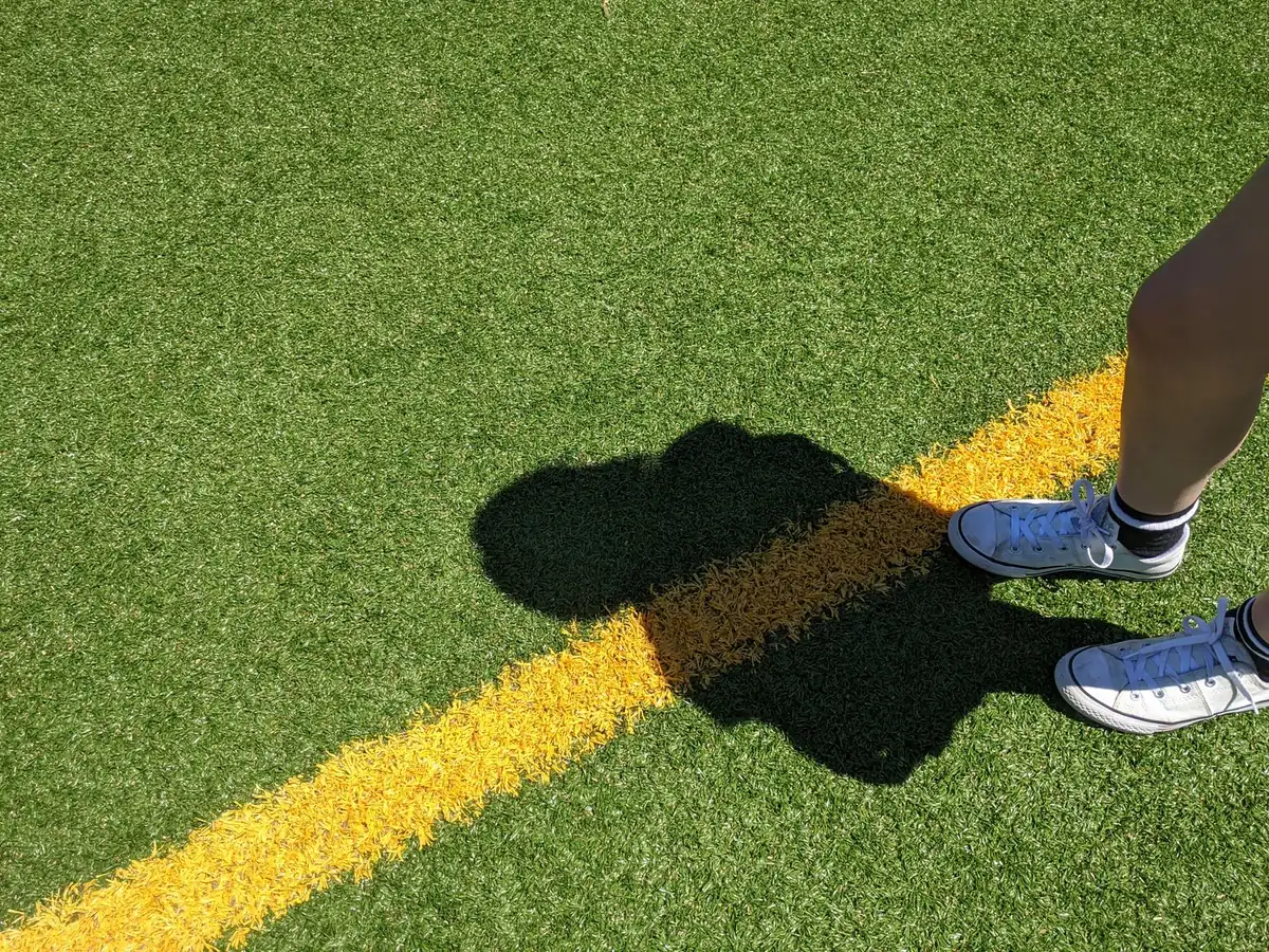 Close view of green turf with a yellow line marking