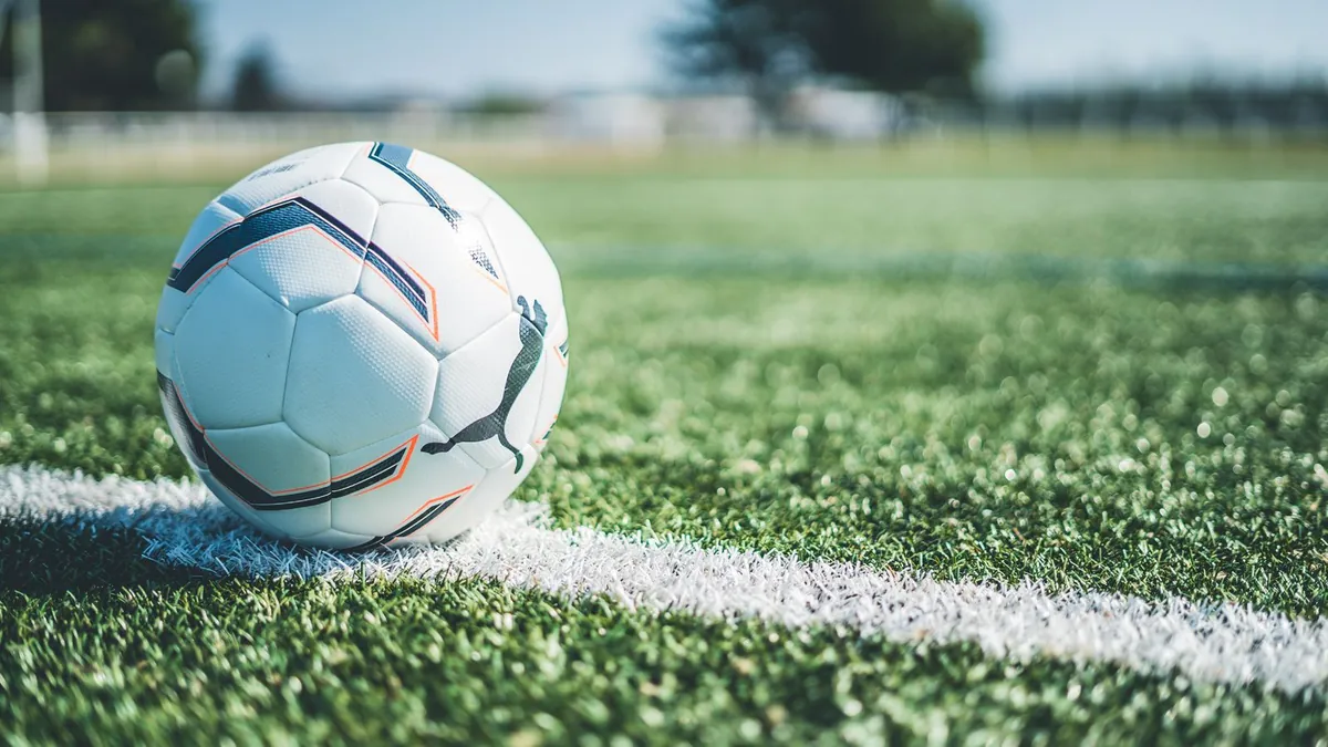 Green artificial turf blades beside a white pitch line