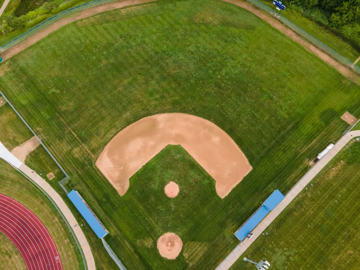Aerial view of a baseball diamond with an all-green playing surface