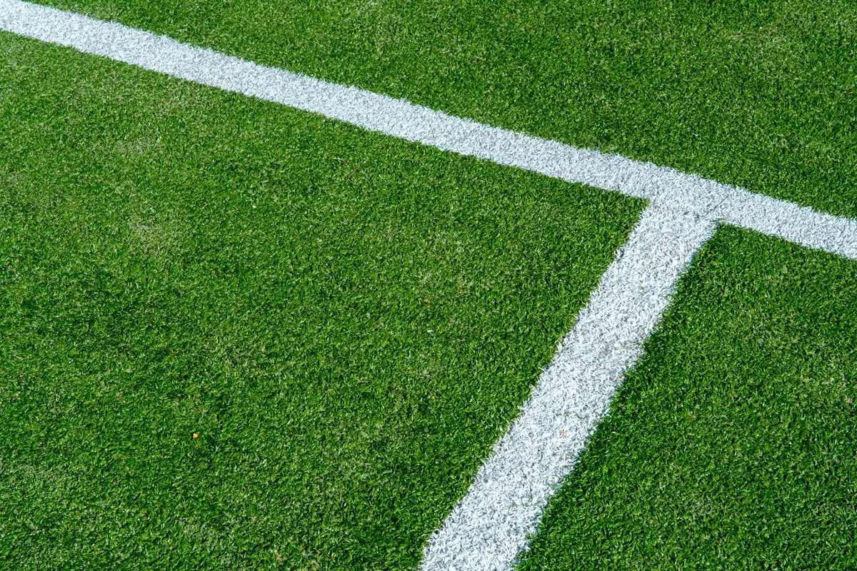Dense artificial turf fibres close up, the surface a perimeter fastener anchors