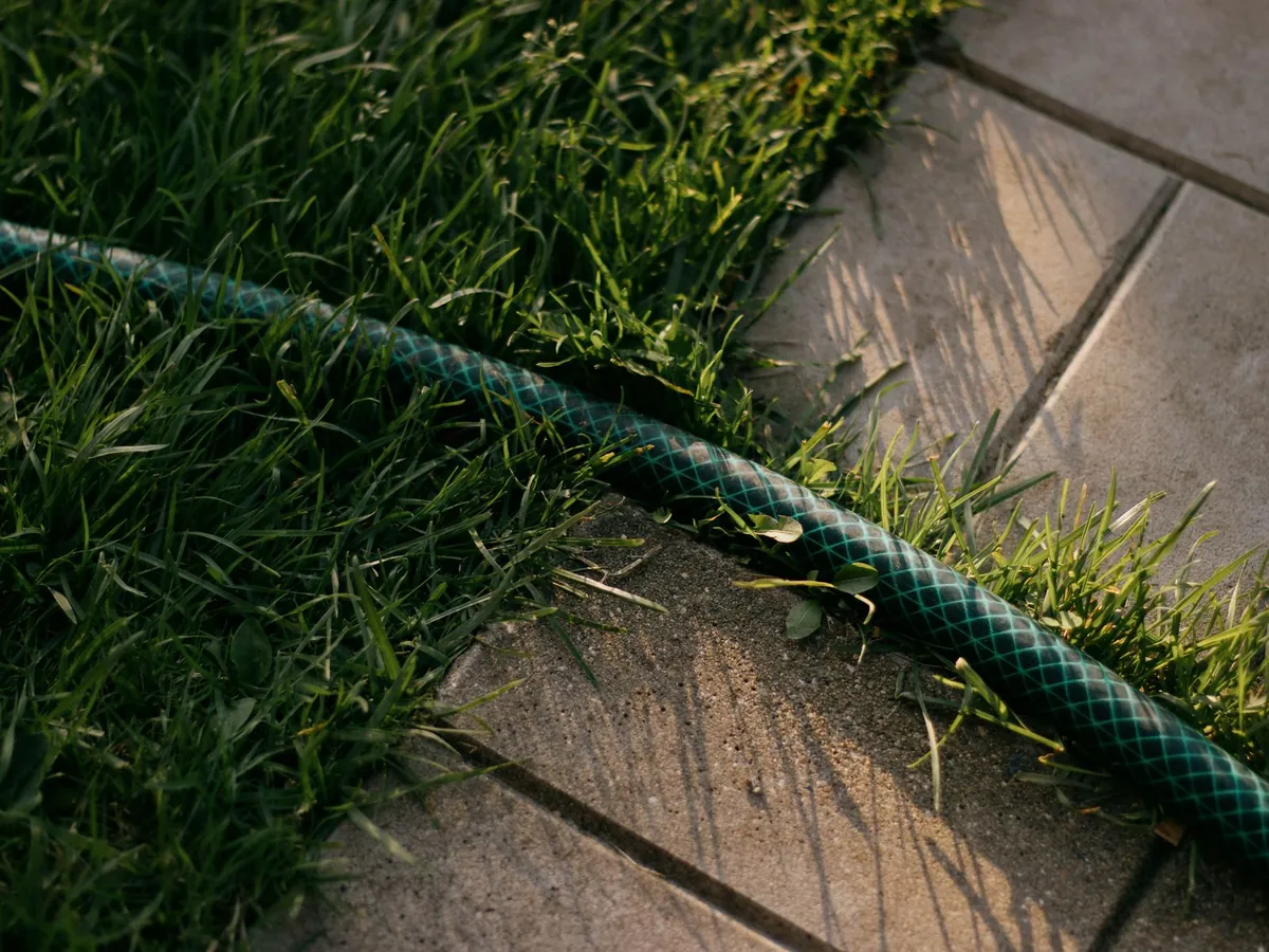 Garden hose resting on grass beside paving tiles