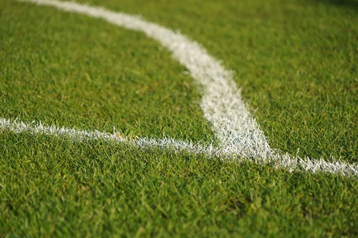 Football turf fibres with infill sitting between blades on a sports field artificial turf surface