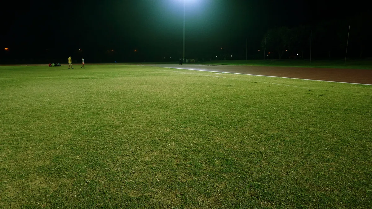 Sports field under floodlights at night showing the surface in play