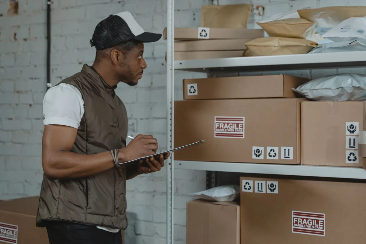 Courier carefully checking packages during handling